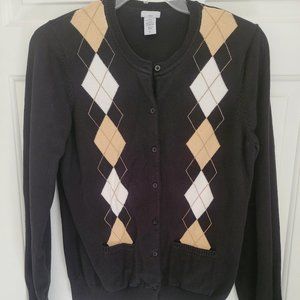 IZOD Golf Black White Tan Argyle Cardigan Women's Size L 100% Cotton